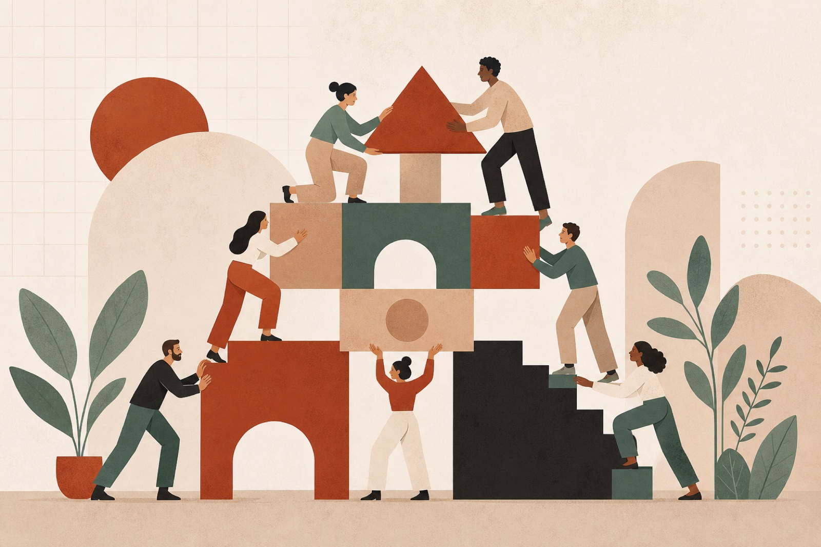Illustrazione di persone che costruiscono insieme una struttura organizzativa